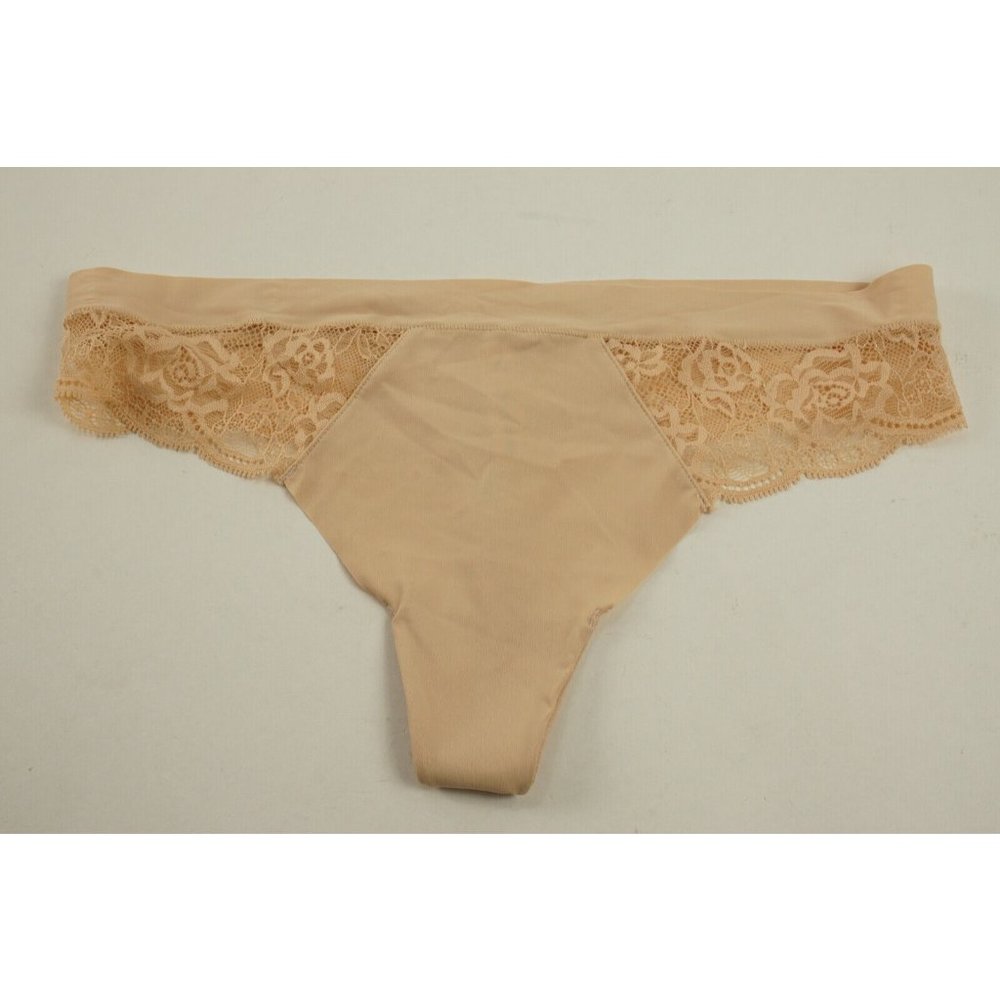 NWOT blake & co. Women's Size M Tan Jersey Nylon Floral Lace Trim Thong Panties